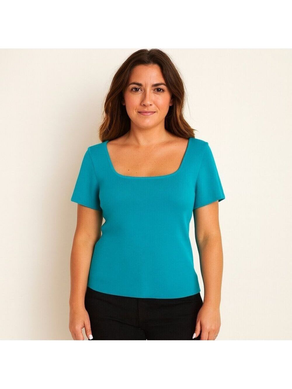 Kasper Turquoise Ribbed Knit Top | Wide Square Neck | Size Large